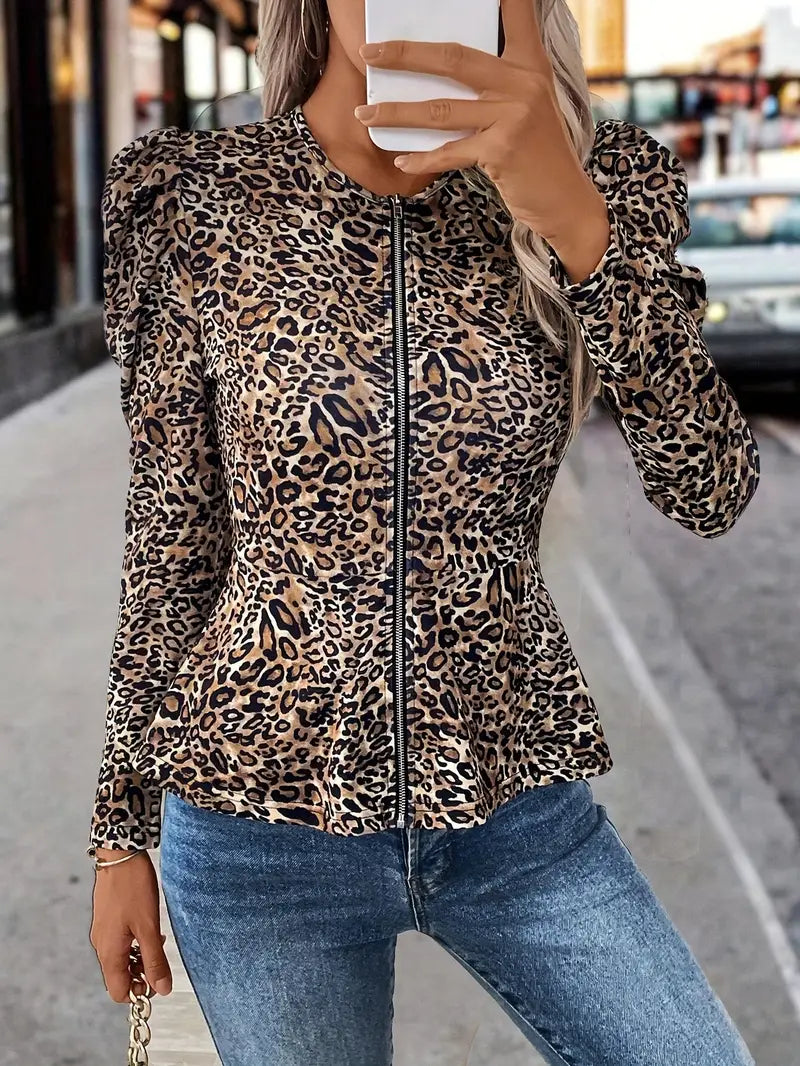 Madeline - Giacca casual da donna con cerniera con stampa leopardata