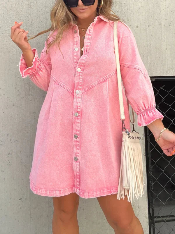 Abito camicia in denim rosa con maniche lunghe al centro