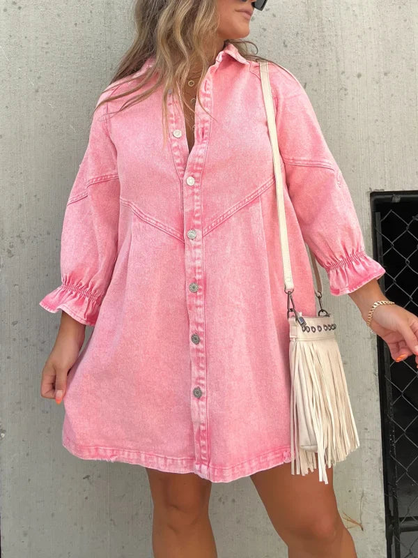 Abito camicia in denim rosa con maniche lunghe al centro