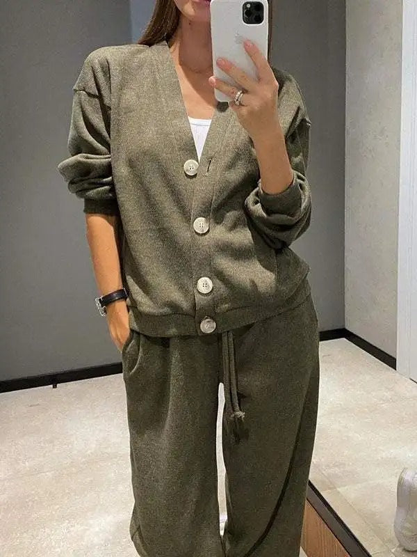 Ava - Completo giacca e pantaloni in maglia da donna in due pezzi con bottoni