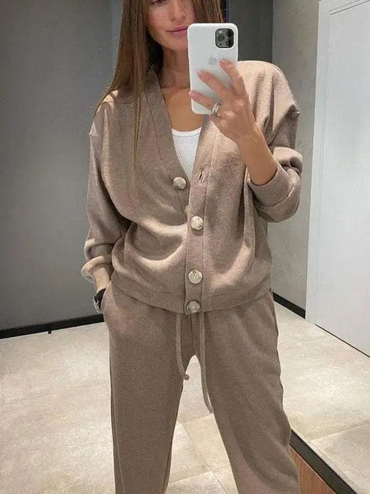 Ava - Completo giacca e pantaloni in maglia da donna in due pezzi con bottoni